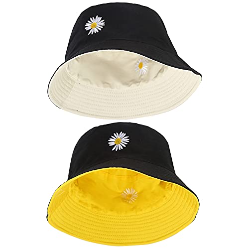 2 Piezas Sombrero Pescador Unisex Aire Libre Sombrero Sombrero del Pescador Reversible Algodón Plegable Margaritas Bucket Hat para Senderismo Camping Playa para Hombres Mujeres Adolescentes