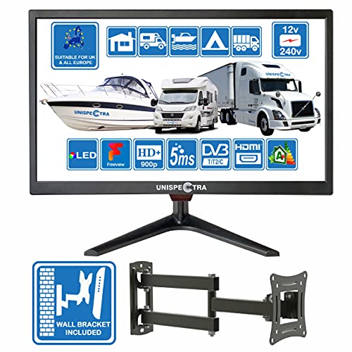 20 Pulgadas (51 cm) 12V / 240V HD + LED TV Digital DVB-T / T2 (TDT) USB PVR y Reproductor Multimedia Ideal para Casa, Autocaravana, Barco Caravana, Camping, Camión Unispectra® (TV+Soporte de Pared)