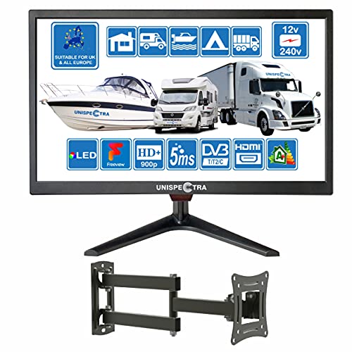 20 Pulgadas (51 cm) 12V / 240V HD + LED TV Digital DVB-T / T2 (TDT) USB PVR y Reproductor Multimedia Ideal para Casa, Autocaravana, Barco Caravana, Camping, Camión Unispectra® (TV+Soporte de Pared)