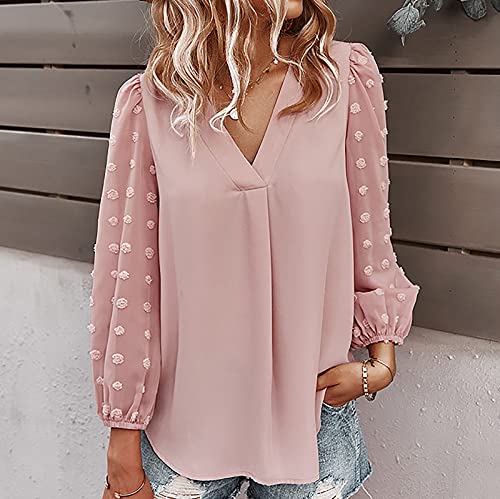 2022 Blusa de gasa Mujer, Camiseta de Manga Larga Moda Patchwork Blusa Cuello en V Elegante camisa Color sólido basica Camiseta Suelto primavera Verano Tops Casual T-Shirt fiesta original tee