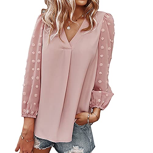 2022 Blusa de gasa Mujer, Camiseta de Manga Larga Moda Patchwork Blusa Cuello en V Elegante camisa Color sólido basica Camiseta Suelto primavera Verano Tops Casual T-Shirt fiesta original tee