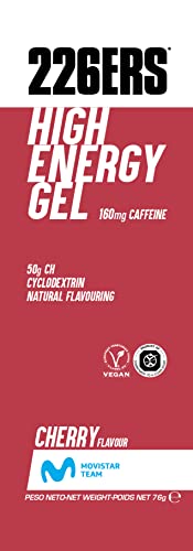 226ERS High Energy Gels, Energéticos con 50g de Ciclodextrina como Hidrato y 160 mg de Cafeína, Nutrición Deportiva para Triatlón, Doping Free y Veganos, Cereza - 24 unidades