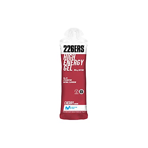 226ERS High Energy Gels, Energéticos con 50g de Ciclodextrina como Hidrato y 160 mg de Cafeína, Nutrición Deportiva para Triatlón, Doping Free y Veganos, Cereza - 24 unidades