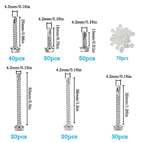 280 Piezas Tornillos Autotaladrantes 4,2 x 13/19/25/32/38/50 mm con Arandela Tornillos Autoperforantes Hexagonales para chapa aluminio o cubiertas