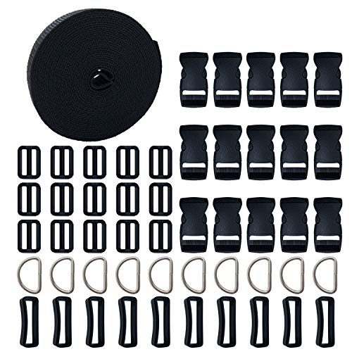 51 Set 1 Pulgada Hebillas de Plástico Lateral Plano de Liberación y 15 Piezas Clips de Ajuste de Triglide Compatible y 10 D Ring con 1 Rollo 1 Pulgada de Ancho 5 Yardas Correa de Nylon Negro