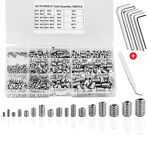 540pcs Tornillos Prisioneros de Cabeza Hexagonal M2 M3 M4 M5 M6 M8 Surtido de Tornillos Hexagonales de Acero Inoxidable con Llaves y Pinza Allen para Asas de Puerta