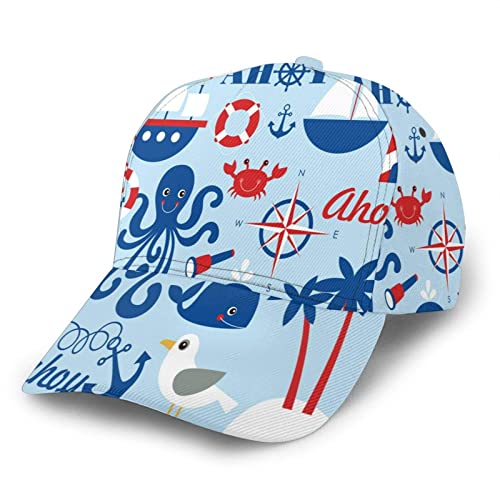 565 Sombrero De Visera Lindos Objetos Marinos Velero Ballena Faro Brújula con Palmas Dibujos Gorra Ajustable Gorros Casuales Deportivo Gorras Trucker para Viaje, Hombres