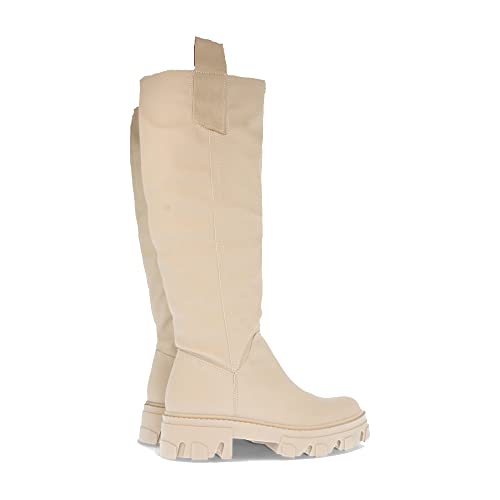 62013-Bota de Plataforma para Mujer, con Suela Dentada, y Cierre de Cremallera, Otono Invierno 2021. Talla 37 Beige