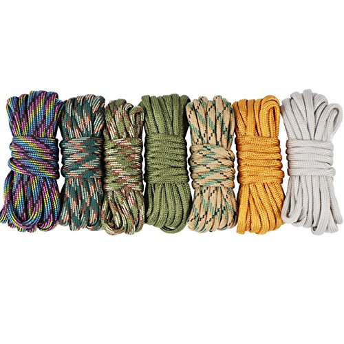 7 Piezas Cuerda Paracord Set Ideal para el aire libre, camping, trenzar pulseras y Llavero