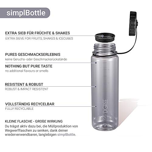 720°DGREE Botella de Agua Basic “simplBottle” – 1 Litro, 1000ml, Gris | Sin BPA Beber, Deportiva, Outdoor, Niños