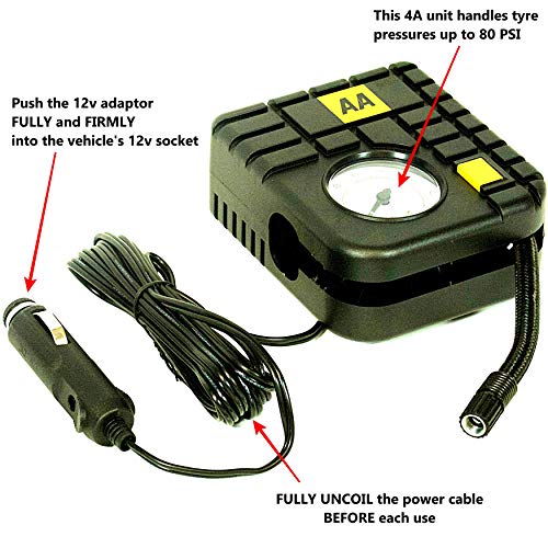 AA AA5007 - Compresor para Hinchar Neumáticos, 12 V, Compacto, para Todo Tipo de Vehículos, Medición en PSI, Bar, KPA, de 0 a 80 PSI, Incluye Adaptadores