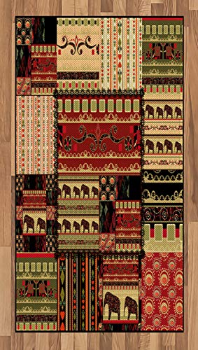 ABAKUHAUS Africano Alfombra de Área, Patrón Asiático Estilo Retazos con Elefantes y Motivos Culturales Antiguos, Tejida Acento Decorativo para Sala de Estar o Dormitorio, 80 x 150 cm, Rojo