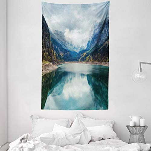 ABAKUHAUS Paisaje Tapiz de Pared y Cubrecama Suave, Lago Alpino con Cielo Dreamático Bosque y Montañas Viaje Fantástico Arte, Colores Firmes y Durables, 140 x 230 cm, Green