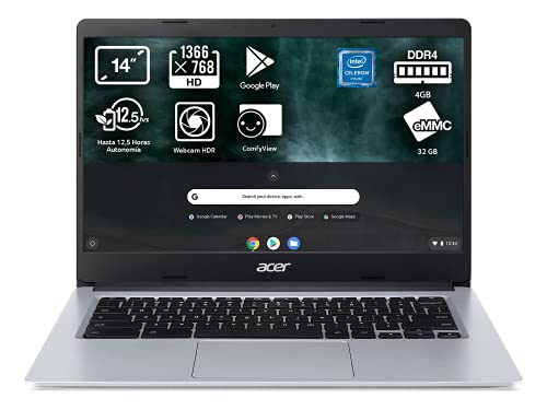 Acer Chromebook 314 CB314-1H - Ordenador Portátil 14" HD, Laptop (Intel Celeron N4020, 4GB RAM, 32GB eMMc, Gráficos UHD Intel 600, Chrome OS), PC Portátil Color Plata - Teclado Qwerty Español