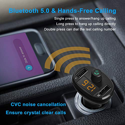 aceyoon Bluetooth Coche Mechero 3.4A Carga Rápida Transmisor FM Bluetooth 5.0 Cargador Coche Tecnología iSmart Manos Libres con Indicador LED Car Charger Dual USB, U Disk - Negro