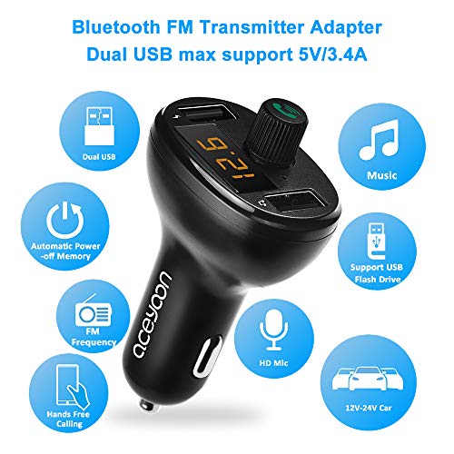 aceyoon Bluetooth Coche Mechero 3.4A Carga Rápida Transmisor FM Bluetooth 5.0 Cargador Coche Tecnología iSmart Manos Libres con Indicador LED Car Charger Dual USB, U Disk - Negro