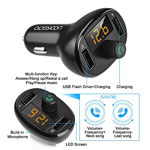 aceyoon Bluetooth Coche Mechero 3.4A Carga Rápida Transmisor FM Bluetooth 5.0 Cargador Coche Tecnología iSmart Manos Libres con Indicador LED Car Charger Dual USB, U Disk - Negro