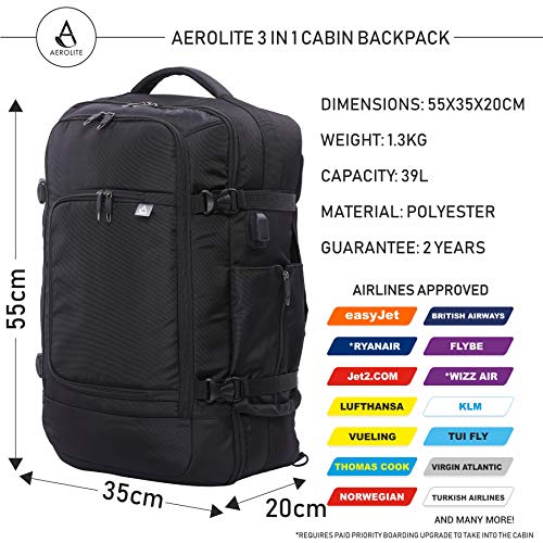 Aerolite 55x35x20cm Equipaje de Mano Equipaje de Cabina 39L 3 en 1 Mochila/Bolsa/Bolsón de Viaje para Ordenador de 38cm y Ropa 55x35x20 Negra