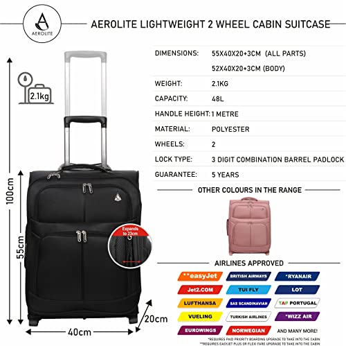 Aerolite 55x40x20 Extensible a 55x40x23cm Tamaño Máximo de Vueling y Ryanair Prioridad Trolley Maleta Equipaje de Mano Cabina Ligera, Negro