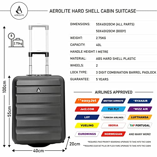 Aerolite 55x40x20 Tamaño Máximo de Ryanair y Vueling ABS Trolley Maleta Equipaje de Mano Cabina Ligera con 2 Ruedas, Gris Oscuro