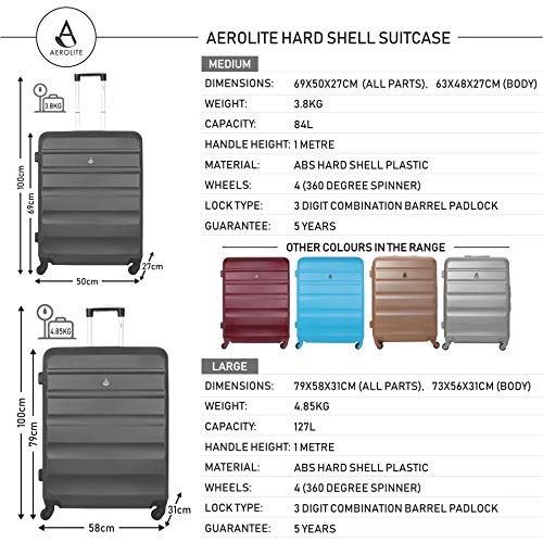 Aerolite ABS Juego de Equipaje Maleta rígida Ligera con 4 Ruedas, Gris Oscuro