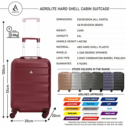 Aerolite ABS Maleta Equipaje de Mano Cabina rígida Ligera con 4 Ruedas, 55cm, Vino Rojo