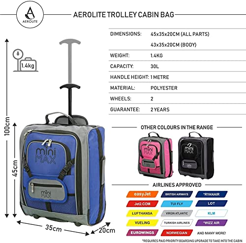 Aerolite MiniMAX Se Ajusta a EasyJet 45x36x20 Nuevas Medidas de 2021 Maleta Cabina con Ruedas, Debajo del Asiento, 45x35x20cm (Azul)