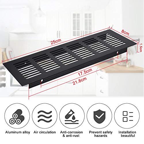 AFASOES 2 Pcs Rejilla Negra Ventilacion 250x80x15mm Rejilla Ventilacion Aluminio Rejilla Ventilacion Rectangular Rejilla Grande Metalica Pared Ventilacion rejilla de Leña de chimenea + 8 Pcs Tornillos