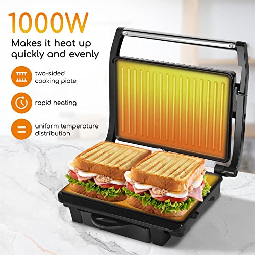 Aigostar Hett - Parrilla Eléctrica, grill, sandwichera y máquina de panini,1000 W. Placas antiadherentes 245 x 178mm, dos superficies de cocinado，asa de toque frío. Libre de BPA.