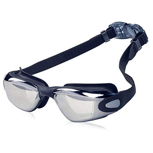 AINAAN - Gafas de natación antivaho para interiores y exteriores, con protección UV, lentes transparentes espejadas, adulto/jóvenes, color negro