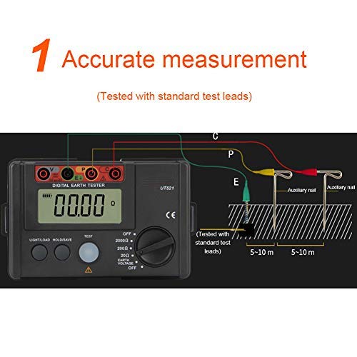 Aislador de tierra física UT521 Medidor de tierra digital Medidor de resistencia de tierra física Equipo Ohmiómetro con estuche de almacenamiento, 50Hz / 60Hz