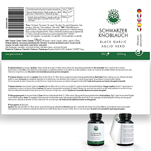 Ajo negro (180 cápsulas de 600mg) - Extracto 15:1 = Equivale a 9000 mg - Producción alemana - 100% vegetariano y sin aditivos