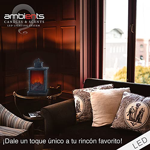 Aktive 35980 - Farolillo decoración LED, Chimenea efecto llama, luz LED, 14x14x25 cm, asa para colgar, estructura de metal, funciona con 3 pilas AA, decoración interior, Ambients