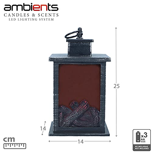 Aktive 35980 - Farolillo decoración LED, Chimenea efecto llama, luz LED, 14x14x25 cm, asa para colgar, estructura de metal, funciona con 3 pilas AA, decoración interior, Ambients