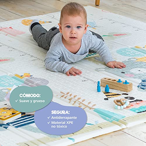 Alfombra Infantil de Juegos 180x200x1,5cm - Alfombra Bebe XXL Reversible - Lado Niños y Lado Adultos - Parque Infantil Bebe Espuma Gruesa - Plegable e Impermeable - Certificado CE sin Producto tóxico