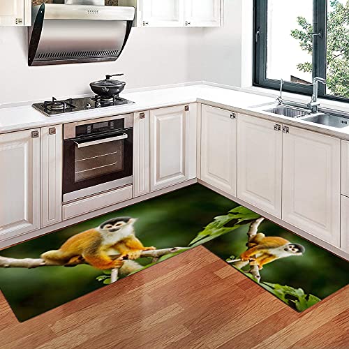 Alfombras Cocina Goma Alfombra de Baño Ducha 2PCS Ardilla Macho Capuchino Mono Piel Saimiri Sentado Animales Fauna Silvestre Naturaleza alfombras de Cocina Antideslizantes Lavables