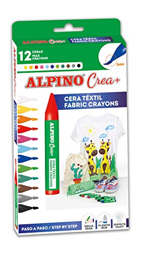 Alpino Crea+ 12 Ceras Textiles | Ceras para Telas| Ceras de Colores para Textil | Decora Ropa y Otros Accesorios Textiles