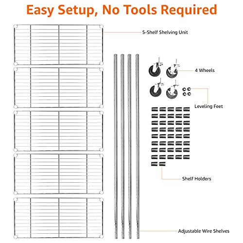 Amazon Basics - Estantería con 5 baldas, con ruedas, color cromo