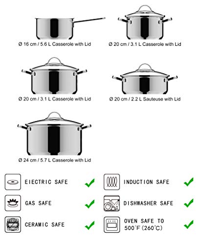 Amazon Basics Juego de Ollas de Inducción de Acero Inoxidable - 9 Piezas, con Tapas