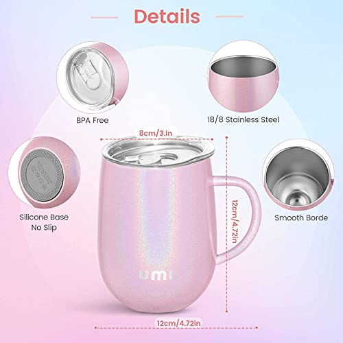 Amazon Brand - Umi Termo Café Reutilizable, Tazas Café de Acero Inoxidable con Asa, Doble Pared Aislado al Vacío, Vaso Térmico con Asa, Sin BPA AntiDerrames con Dos Tapas y Pajita, Rosa