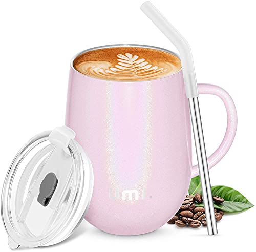 Amazon Brand - Umi Termo Café Reutilizable, Tazas Café de Acero Inoxidable con Asa, Doble Pared Aislado al Vacío, Vaso Térmico con Asa, Sin BPA AntiDerrames con Dos Tapas y Pajita, Rosa