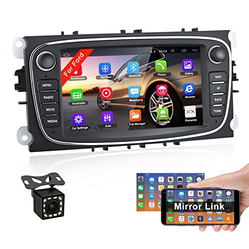 Android Radio Coche para Ford Focus Kuga Mondeo C-MAX S-MAX Galaxy II, CAMECHO Radio Bluetooth Coche GPS 7 Pulgadas Pantalla Táctil Capacitiva WiFi FM Enlace Espejo Dual USB Car Radio +Cámara Trasera