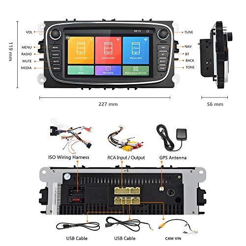 Android Radio Coche para Ford Focus Kuga Mondeo C-MAX S-MAX Galaxy II, CAMECHO Radio Bluetooth Coche GPS 7 Pulgadas Pantalla Táctil Capacitiva WiFi FM Enlace Espejo Dual USB Car Radio +Cámara Trasera