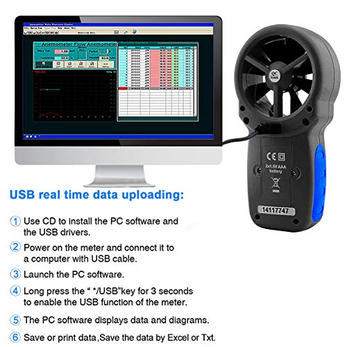 Anemómetro digital AP-866A USB CFM Meter mida con precisión la temperatura del viento/velocidad del enfriamiento del viento CFM con MAX/MIN/AVG,Pantalla LCD retroiluminada para vela, climatización