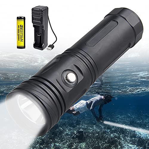 Antorcha de Buceo, Linterna de Buceo LED XM-L2 de 2000 Lúmenes, Stepless Dimming, IPX8 Impermeable, Linterna Subacuática de 80 Metros, Luces Sumergibles con 1x 18650 Batería y Cargador