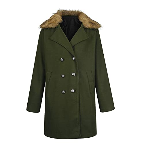 AOGOTO Abrigo de gabardina de invierno para hombre con cuello de piel sintética, abrigo de doble botonadura de negocios de guisante largo cómodo Tops de moda, verde, XXL