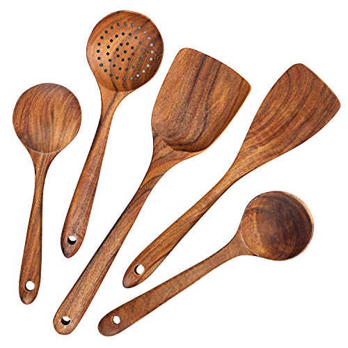 AOOSY Utensilios de Madera para Cocina,5 uds. Herramientas de Cocina de Madera Japonesa Juegos de Utensilios Que no se Rayan, incluida Cuchara de espátula de Madera para sartenes antiadherentes