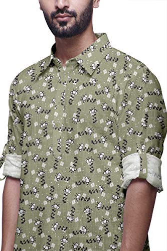 Atasi Kurta Indio Corto Hombres Rollover Manga clásico del Vestimenta Dusty Verde