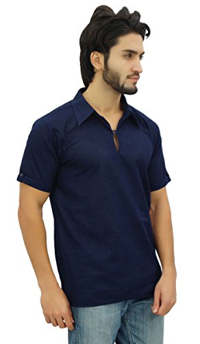 Atasi Manga Corta Hombres del algodón Kurta Cuello Camisa Azul Indio Vestimenta-Pequeño