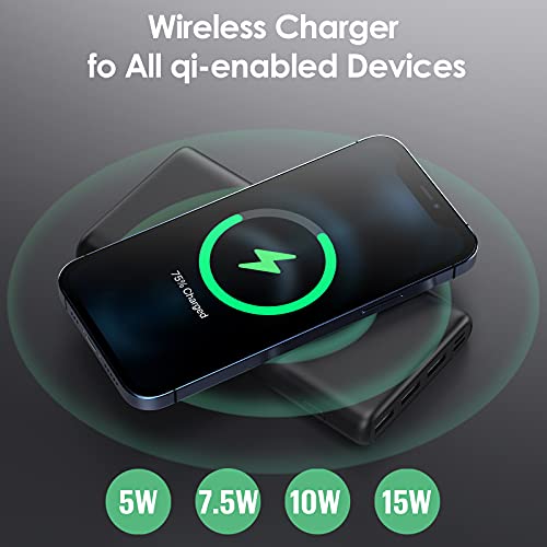 AUDIDH Batería Externa Inalámbrico 33800mAh, Power Bank con 【PD 25W QC 4.0 Carga Rápida + 15W Carga Inalambrica】 5 Salidas Tipo C Cargador Portátil para iPhone Samsung Android Móviles y más